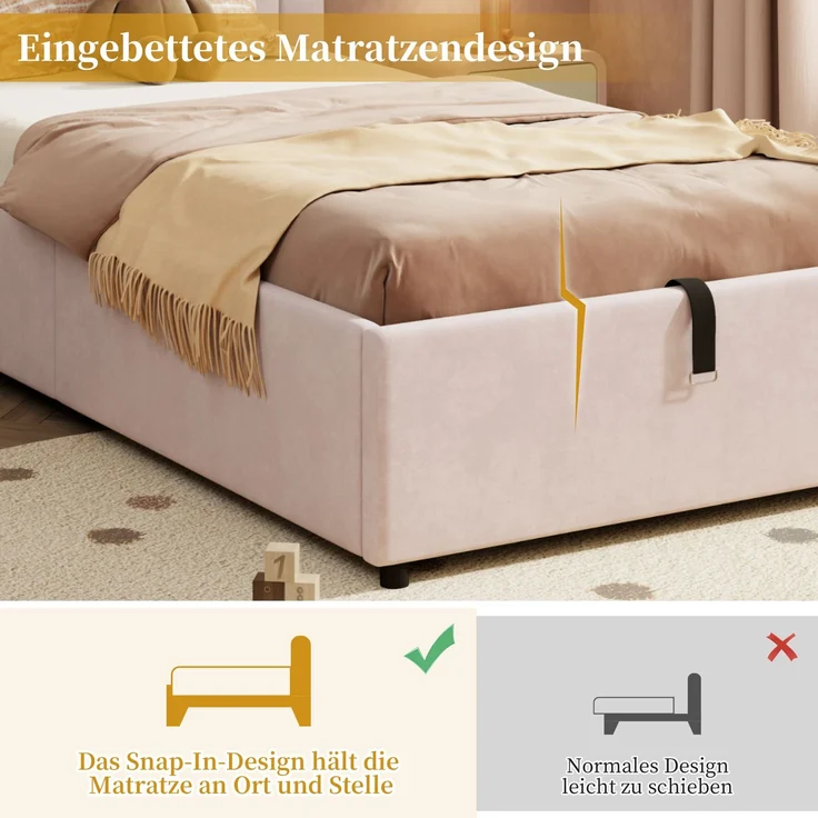 Kinderbett 90x200 cm mit hydraulischem Stauraum, eingebetteter Matratze, geräuschdämpfenden Polstern, Samtbezug, weichem Kopfteil,Rosa – Bild 8