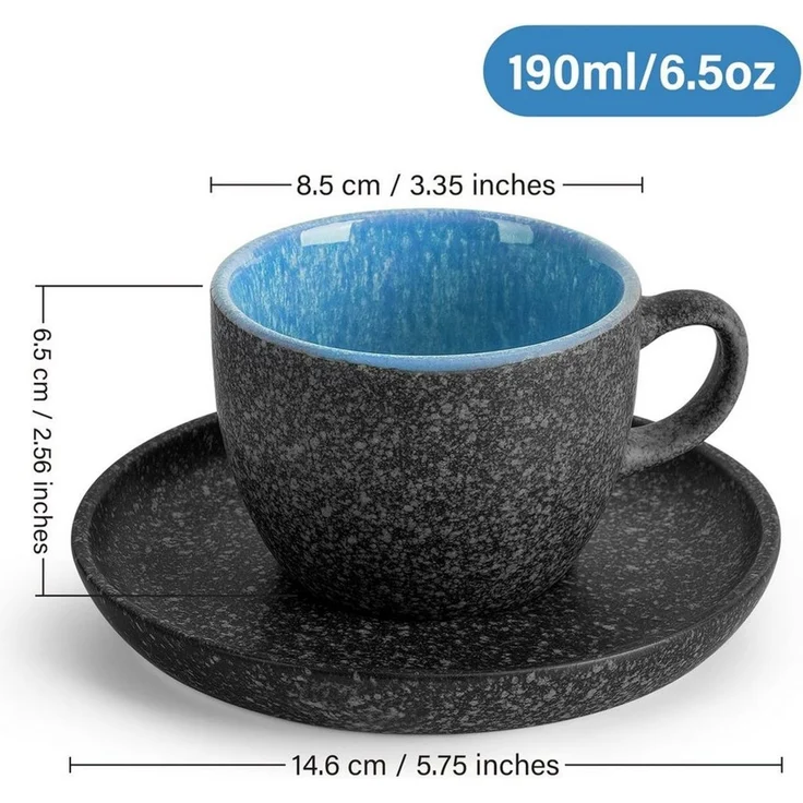 MiaMio Cappuccinotasse Cappuccinotassen Set 6 teilig mit Untertassen & Ständer (6x190 ml), Keramik – Bild 3