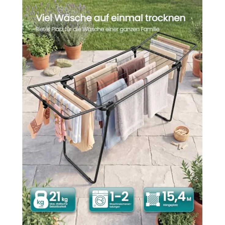 SONGMICS Wäscheständer, Standtrockner 47 x 150 x 91 cm, Flügelwäscheständer, Flügelwäschetrockner platzsparend, Metall, für Kleidung, Handtücher, tintenschwarz LLR520BH01 – Bild 3