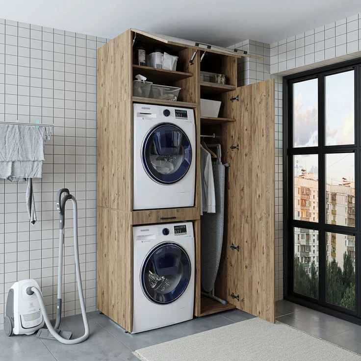 Roomart Waschmaschinenschrank - SERIE DUO-I- 112 cm breit – Waschmaschinenüberbau für Trockner, Waschturm-Schrank • Eiche – Bild 7