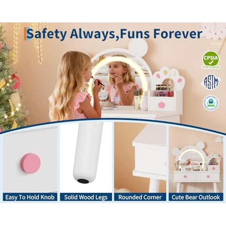 GarveeLife Schminktisch für Kinder, Mädchen, mit Spiegel & LED-Licht in 3 Farben mit 2 Schubladen, für Kinder von 3 – 8 Jahren, 55 x 38 x 101 cm – Bild 5