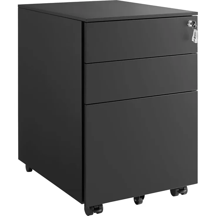 Rollcontainer, Aktenschrank, mit 3 Schubladen, vormontiert, abschließbarer Büroschrank mit Hängeregistratur, Stahl, Schwarz, 52 x 39 x 60 cm