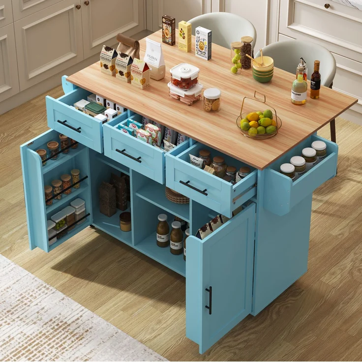 Küchenwagen 139x46(71)x91,5 cm mit klappbarer Tischplatte, Schubladen und Rollen – Blau – Bild 4