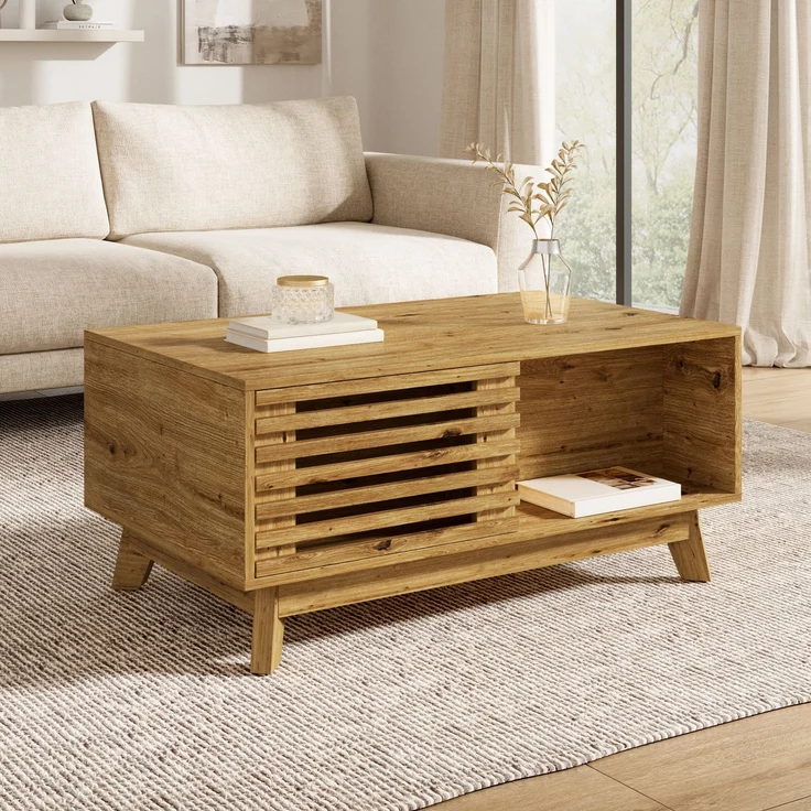 Couchtisch Modern Retro, höhenverstellbare Tischplatte, verschiebbare Jalousietür, Holz-Optik, MDF-Korpus, multifunktionaler Wohnzimmertisch--Natürlich--90x55x57.5cm--YOUDENOVA – Bild 7
