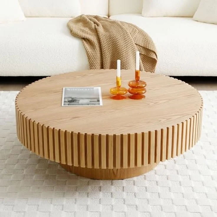 NJLyuhome Elegant Round Coffee Table-MDF Base with Ash Veneer Finish, Modern Design for European Living-Natural – Bild 5