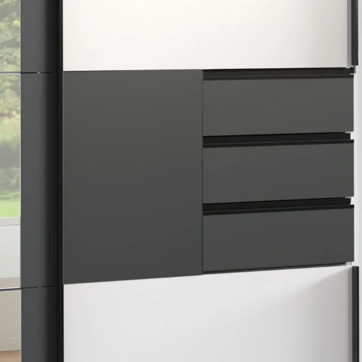 Schwebetürenschrank Kleiderschrank 270 cm 3-türig Schubladen Spiegel Weiß Grafit – Bild 4
