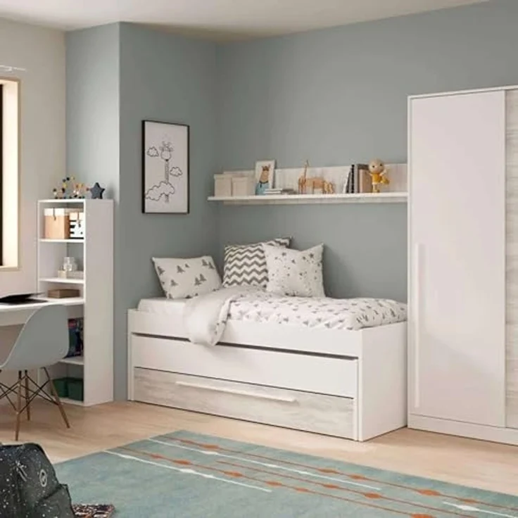 Habitdesign, Kinder- und Jugendbett mit 2 Liegeflächen, Schublade und Regal, platzsparendes Funktionsbett in Artik Weiß und Velho, Maße: 96 x 65 x 199 cm (B x H x T), Modell Elliot (ohne Lattenrost) – Bild 2