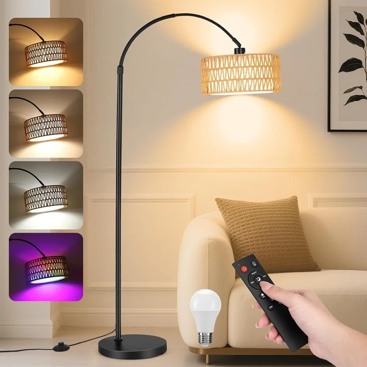 YICAIZI Stehlampe Wohnzimmer - 9W LED Dimmbar Bogenlampe mit Fernbedienung & RGB E27 Lampe, Bogen Stehende Lampe 900 Lumen Stehend Leselampe mit 3 Farbtemperaturen für Schlafzimmer, Büro, Schwarz – Bild 1