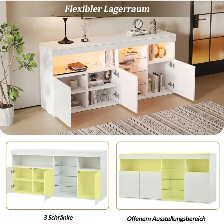 DESVIAE Sideboard mit LED-Beleuchtung und 3 Türen 155,5x72x35 cm Spanplatte Weiß – Bild 4