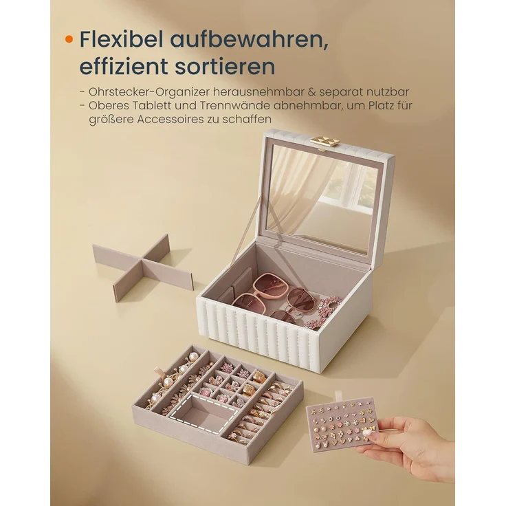 Songmics HOME Schmuckkästchen 2 Ebenen, mit Spiegel, flexibles Schmucktablett – Bild 4