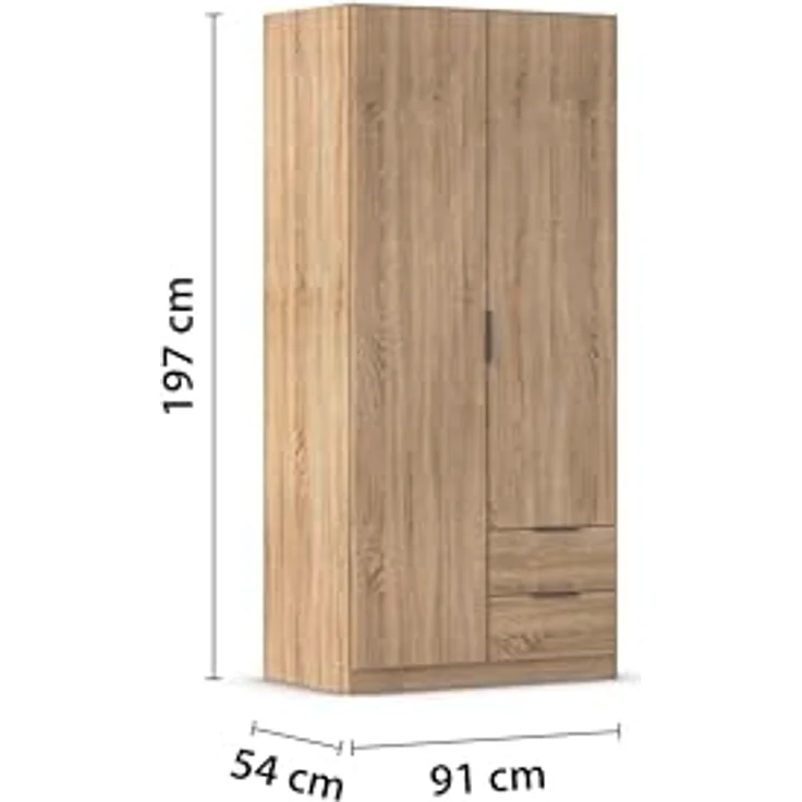 Rauch Möbel Lagoa, Kleiderschrank, Garderobe für Schlafzimmer, Kinderzimmer, Jugendzimmer 2-türig, 2 Schubladen, mit Zubehör Basic, Farbe Eiche Sonoma, Holz, Breite 91 cm – Bild 4