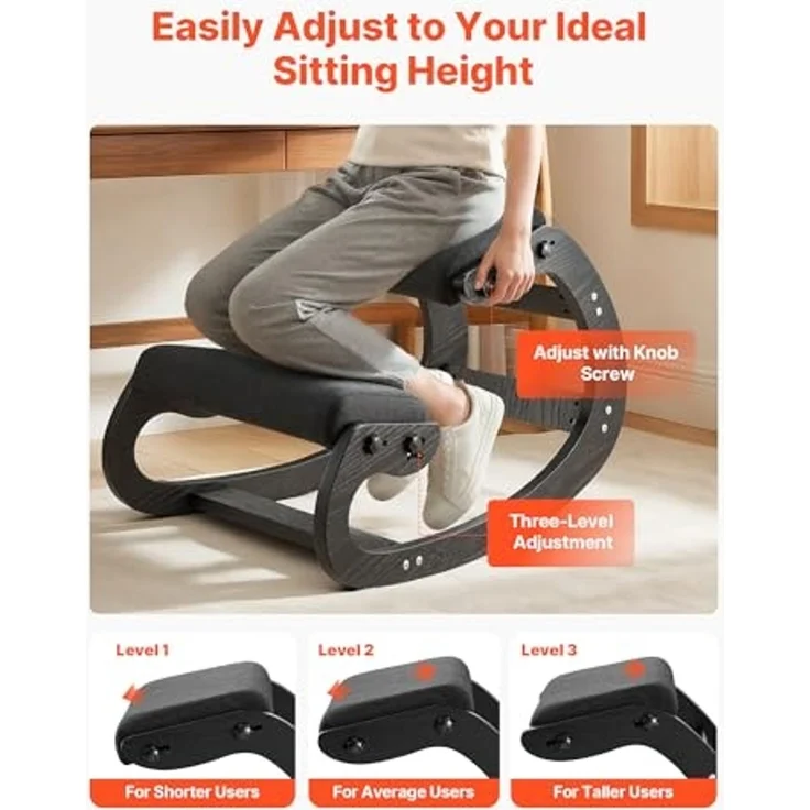 VEVOR Ergonomischer Hocker mit Dicken, Integrierten Schaumstoffpolstern & Massivholzrahmen, Höhenverstellbarer Kniestuhl zur Entlastung von Nacken und Rücken, Ideal für Zuhause, Büro, Schwarz – Bild 6