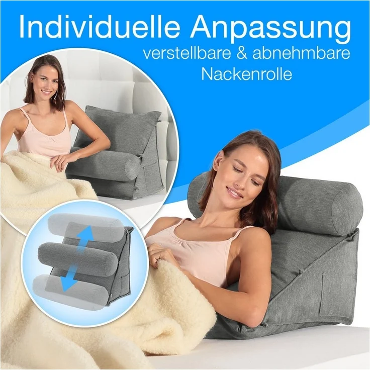 aktivshop Rückenkissen mit Nackenrolle für Bett & Sofa, 55x50x30cm, waschbarer Bezug – Bild 2