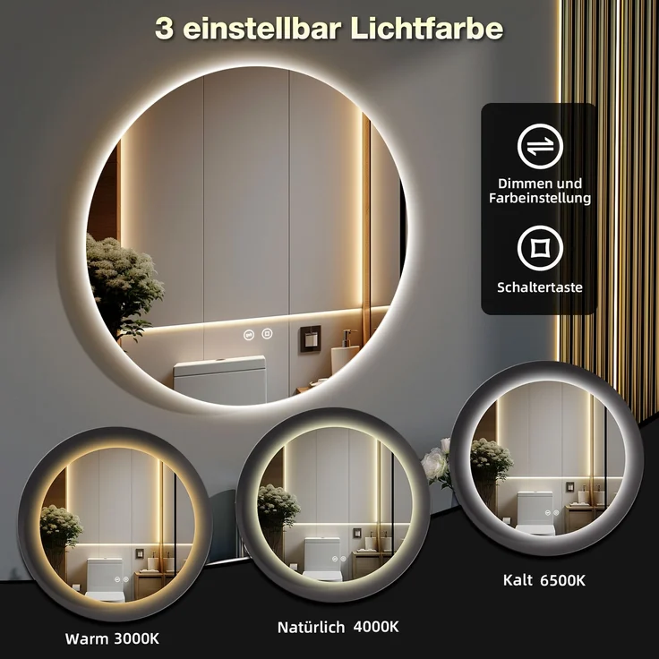 GIMBELEN LED Badezimmerspiegel 60 cm, runder Wandspiegel mit Beleuchtung für Badezimmer, 3 Lichtfarben (3000K/4000K/6500K), dimmbar, Touch-Schalter, Speicherfunktion, IP44, explosionssicheres Glas, rahmenloses Design, Aluminium, Weiß – Bild 2