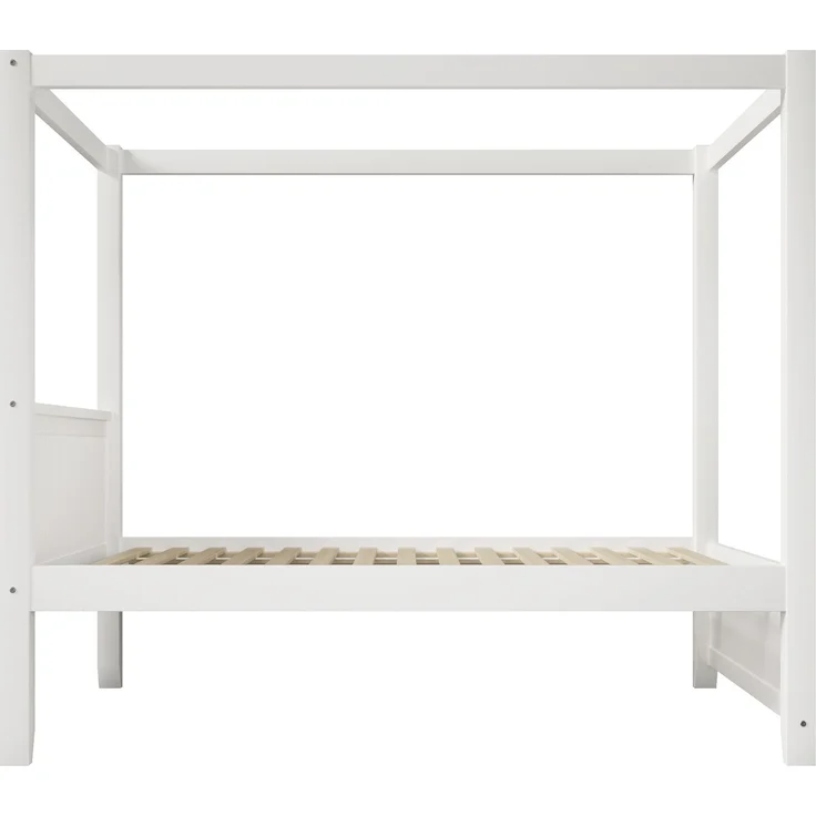ZUBALIYA 90x200cm Himmelbett aus Holz mit dekorativem Dachrahmen und vertikalen Lamellen am Kopf- und Fußteil, Weiß – Bild 14