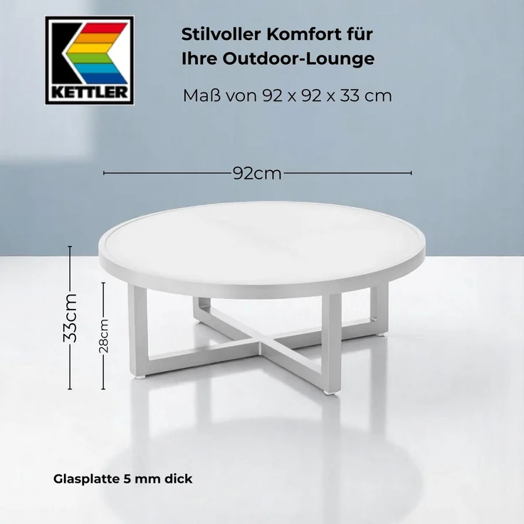 KETTLER EGO Couchtisch ø92 cm – Design Wohnzimmertisch mit eleganter Glasplatte und robustem, wetterfestem Aluminiumgestell in Silber, pflegeleicht. – Bild 3