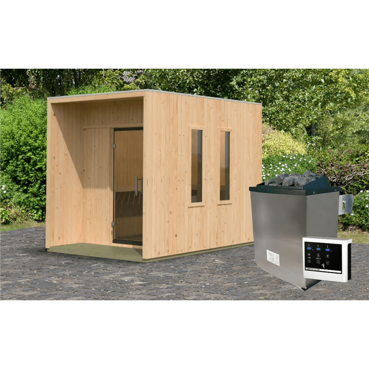 Karibu Saunahaus Laguna mit 9kW Ofen in zwei Farben erhältlich naturbelassen