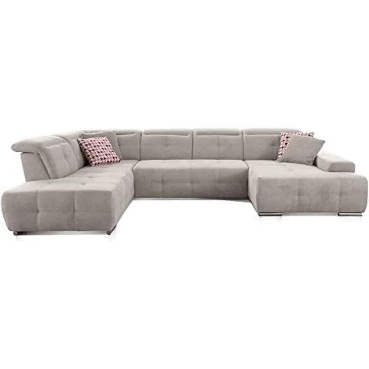 CAVADORE Wohnlandschaft Mistrel mit Longchair rechts / Großes Schlafsofa in U-Form / Inkl. Kopfteilfunktion und großer Liegefläche (125x270) / 343x77-93x228 / Kati Grau-Weiss