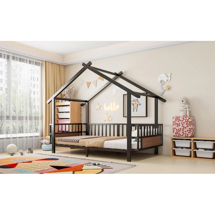 EINHOM Kinderbett aus Metall in Hausform, 90 x 200 cm, mit Sicherheitsgitter, Dachdesign und Dekorativem Rahmen, für Jungen und Mädchen, Metall, Schwarz, (Ohne Matratze) – Bild 4