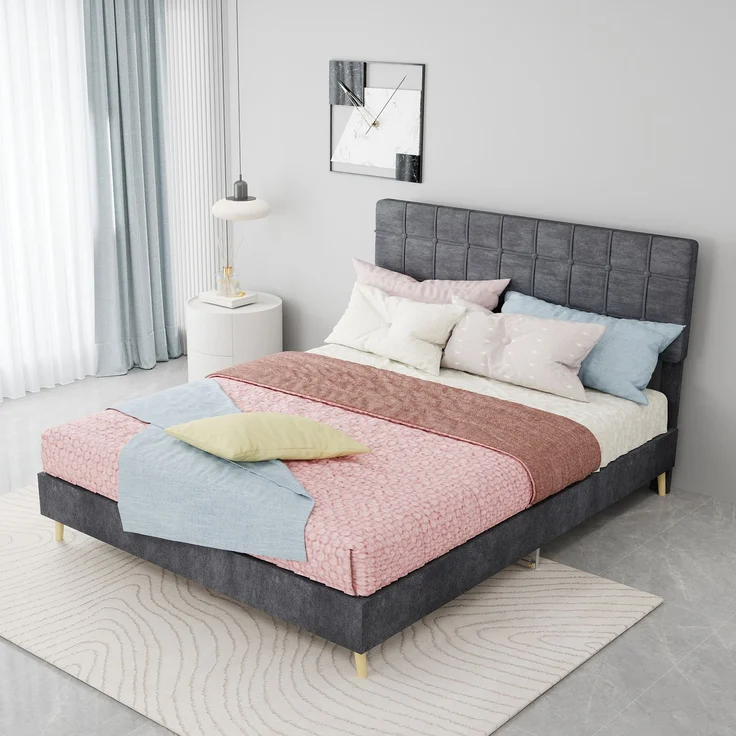 Novelux Polsterbett 140x200 cm mit gestepptem Kopfteil - Doppelbett Stoffbett Dunkelgrau, Massivholzrahmen & Holzfüße, Modernes Bettgestell für Schlafzimmer – Bild 7