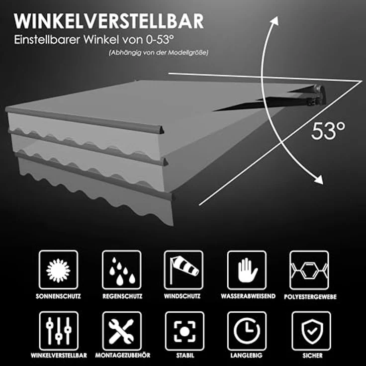 KESSER® Gelenkarmmarkise Markise Gelenkmarkise 300x250 cm Terrassenmarkise Klemmmarkise Sonnenmarkise inkl. Wandhalterung Sonnenschutz Balkonmarkise wasserabweisend Alu/Polyester, Grau – Bild 5