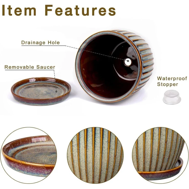 Übertopf Keramik Drainageloch 15cm 13cm Pflanzen 2er Braun – Bild 3