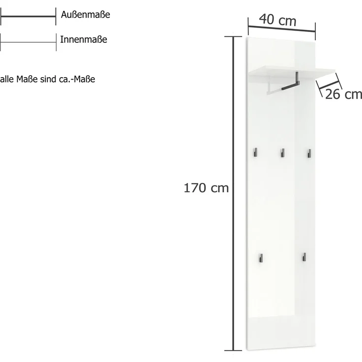 Garderobenpaneel >Zippo< 5 Haken, Ablage, weiss hochglanz / schwarz - 40x170x27,6 (BxHxT) – Bild 3