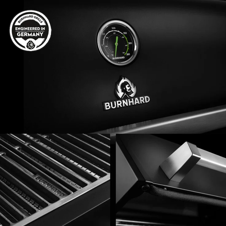 BURNHARD® Gasgrill 2-Brenner, 2x Edelstahl-Stabbrenner, 3,75 kW, Infrarot-Keramikbrenner, Seitentisch, Gussrost, Piezo-Zündung, kompakt, für 5 Personen – FRED Jr. Deluxe - Schwarz - #947122 – Bild 6