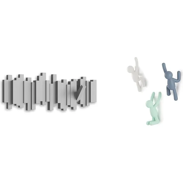 Umbra Stäbchen Garderobenhaken – Moderne und Platzsparende Garderobenleiste Grau & Buddy Haken – Dekorative Wandhaken Garderobe für Jacken, Schals, Taschen, Rucksäcke, Handtücher und Mehr, 3er-Set