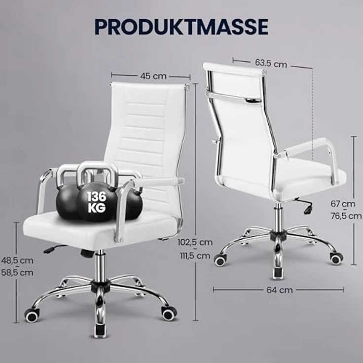 Yaheetech Bürostuhl ergonomischer Schreibtischstuhl mit Armlehnen, Chefsessel Computerstuhl hoher Rückenlehne, Arbeitsstuhl mit Wippfunktion bis 136 kg Belastbar Weiß – Bild 4