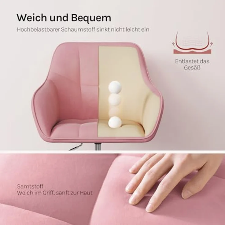 WOLTU Homeoffice Stuhl, Schreibtischstuhl, Drehstuhl, Schminkstuhl, höhenverstellbar, bis 150 kg belastbar, mit Armlehnen Samtsitz, für Schlafzimmer Büro Wohnzimmer, Rosa+Silber BS145rsw – Bild 7