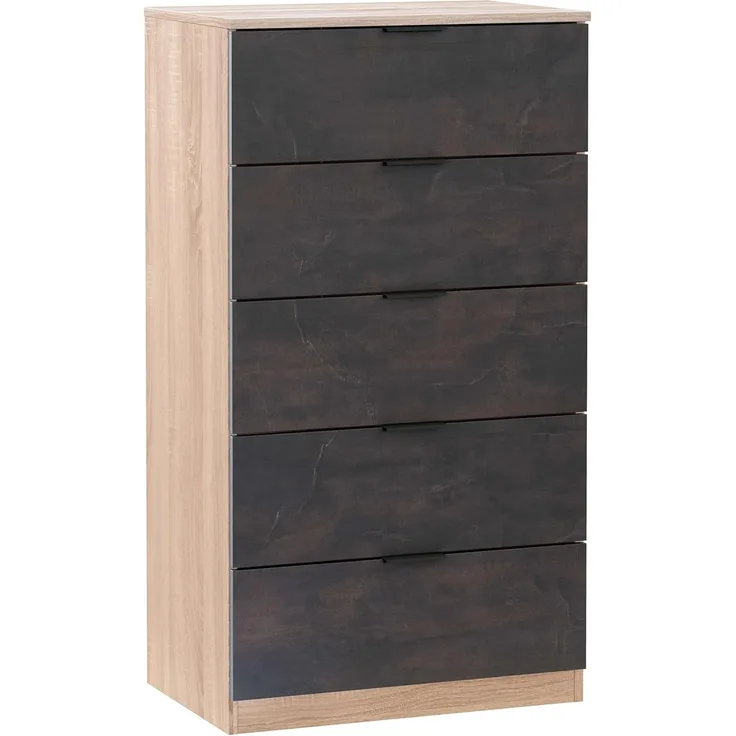 Habitdesign, Kommode mit 5 Schubladen – moderner Sinfonier in Eiche & Rostoptik, platzsparender Schubladenschrank für Schlafzimmer oder Büro, Maße: 60 x 110 x 40 cm (B x H x T), Modell Alaya