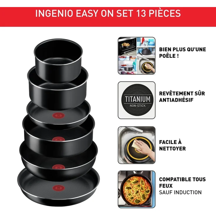 Tefal Ingenio Easy On 13-tlg. Kochgeschirr-Set, 2x Pfannen, 2x Kasserollen mit Deckel, 1x Wokpfanne, 1x Schmorpfanne mit Deckel, 2x Kunststoffdeckel, 2x abnehmbarer Griff, Schwarz, L1599243 – Bild 2