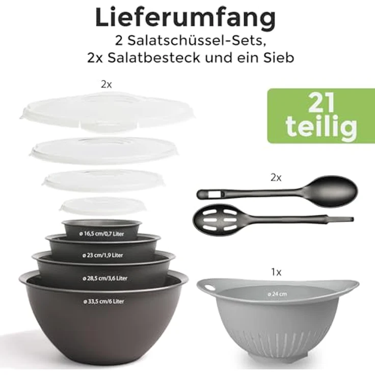 Hausfelder Salatschüssel Set groß, Schüsselset mit Deckel aus Kunststoff BPA-frei, Kunststoff, (Set, 21-tlg), Schüsseln 2x6 L, 2x3,6 L, 2x1,9 L, 2x0,7 L + 2 x Salatbesteck – Bild 4