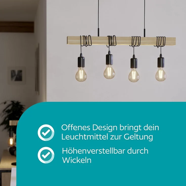 Eglo 32916 Pendelleuchte TOWNSHEND Stahl schwarz, Holz braun E27 4X40W L:70cm B:10,5cm H:110cm dimmbar – Bild 2