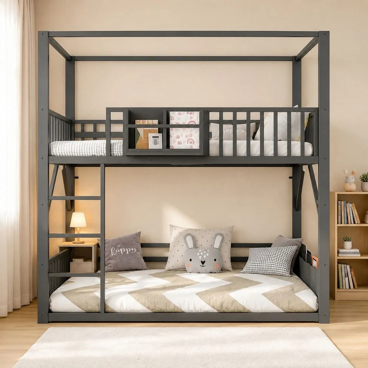 Metall-Etagenbett 90 x 200 cm für Kinder und Jugendliche, platzsparendes Einzelbettgestell mit Dachkonstruktion, Modernes Kinderetagenbett Schwarz – Bild 10