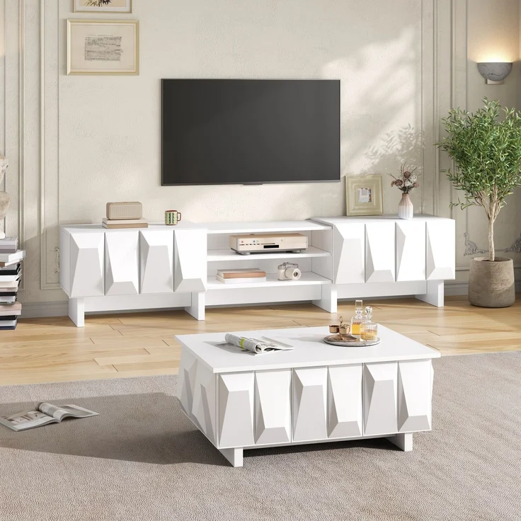Wohnzimmer-Set aus Spanplatte, TV-Lowboard & Couchtisch mit Rautenrelief, 180x34x44,5 / 95x67x39,5 cm, Weiß – Bild 2