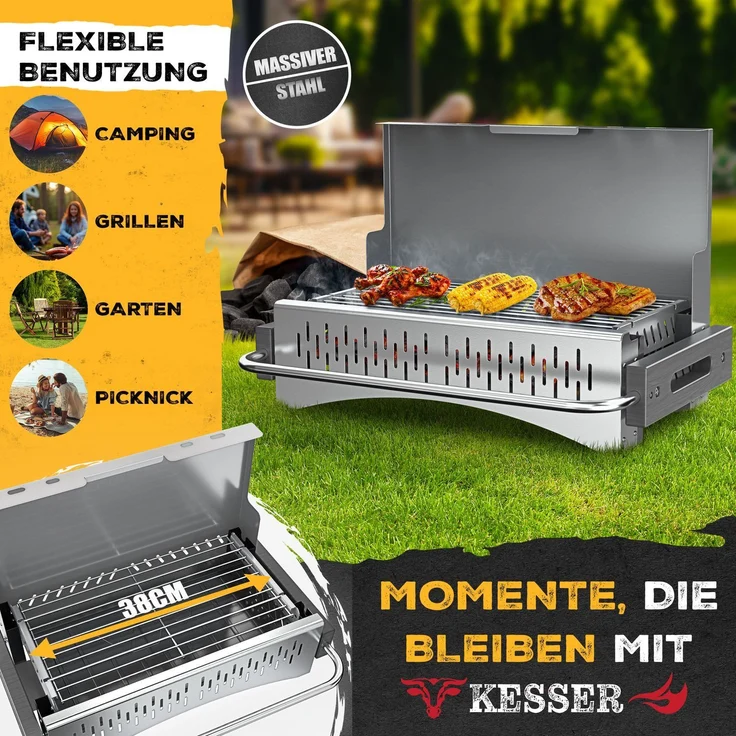 KESSER® Klappgrill, tragbarer Holzkohlegrill aus pulverbeschichtetem Stahl inklusive Grillrost, Grillmatte & Tragetasche, Silber, 43 x 65 x 82 cm – Bild 3