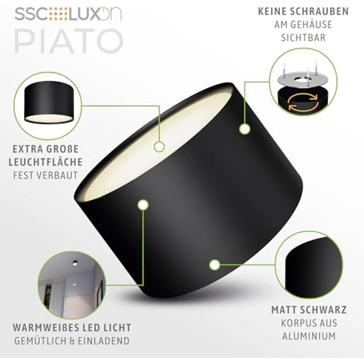 SSC-LUXon LED Aufbaustrahler PIATO LED Deckenspot schwarz rund flach 6W warmweiß 230V, Warmweiß – Bild 5