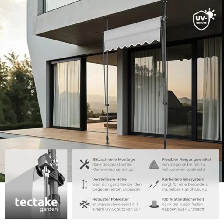 tectake® Klemmmarkise mit Handkurbel, Balkon Markise ohne Bohren, Markise höhenverstellbar, UV-beständig, wasserabweisend, Terrassenüberdachung, Sonnenschutz Terrasse & Balkon, Breite 150 cm -hellgrau – Bild 3