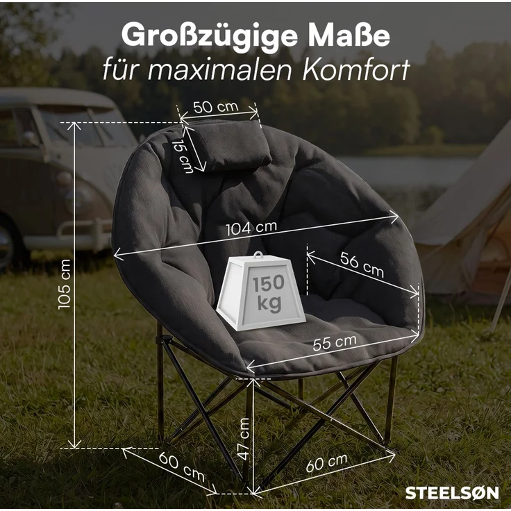 STEELSØN 'Hoggar' Moonchair faltbar, gepolsterter Campingstuhl schwarz, bis 150 kg, mit Kopfkissen und Tragetasche – Bild 9