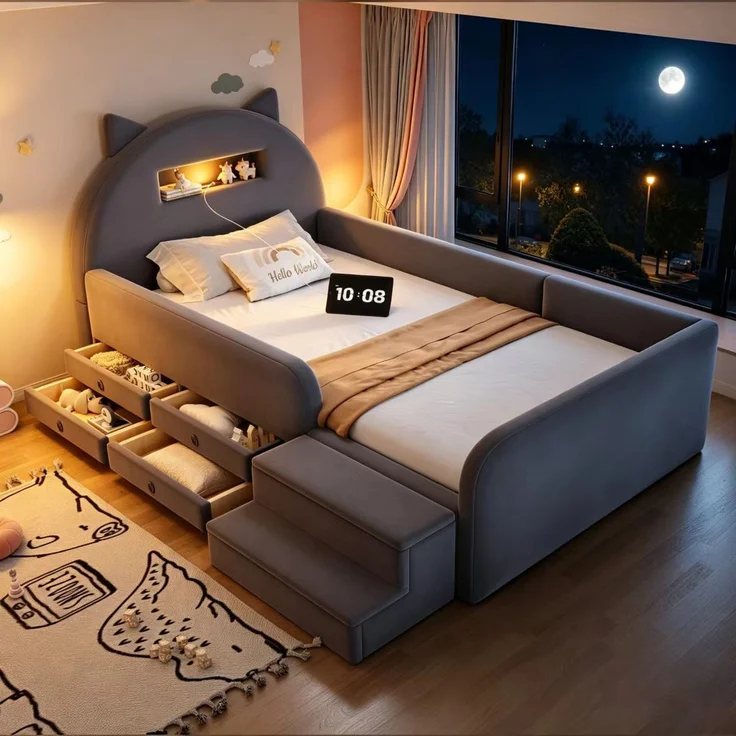 LVHOM Kinderbett 90x200cm mit Rausfallschutz, Polsterbett mit Nachtlicht, USB, Schubladen und Stufenbank, Samt, Dunkelgrau – Bild 2