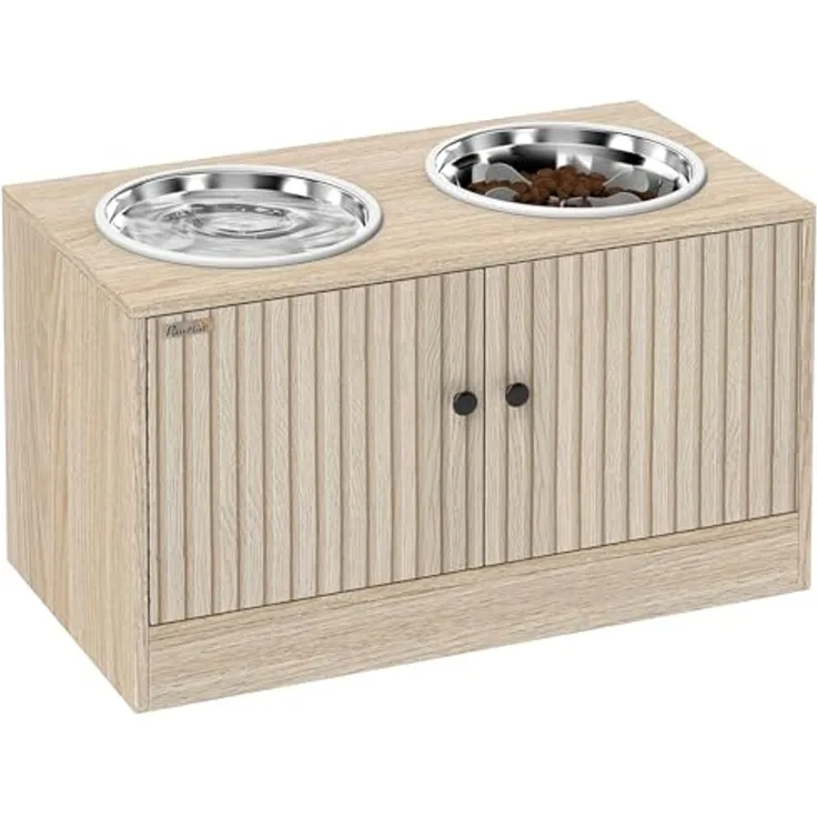 PawHut Futternapf mit 2 Edelstahl-Näpfen, Schrank für Utensilien, Edelstahl, für große Hunde Eiche