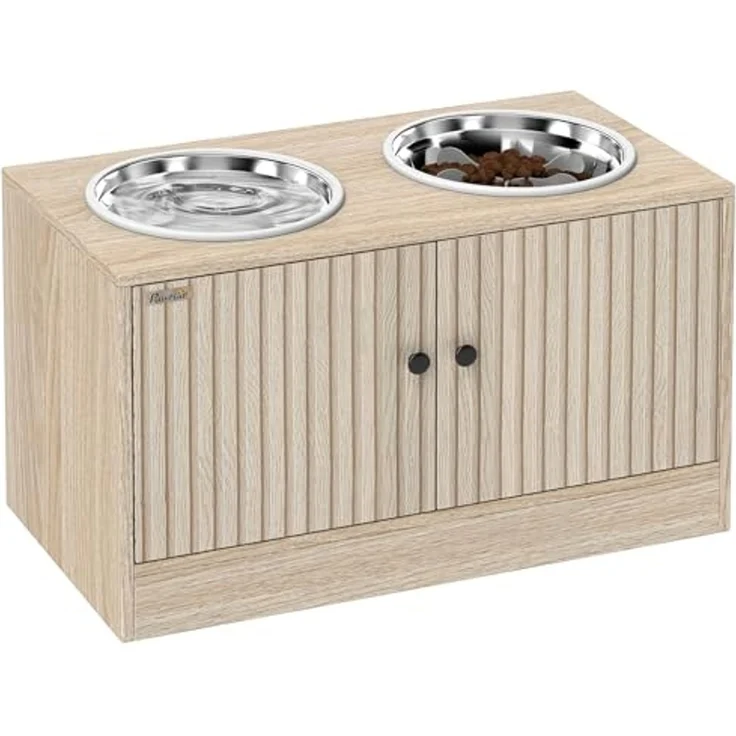 PawHut Futternapf mit 2 Edelstahl-Näpfen, Schrank für Utensilien, Edelstahl, für große Hunde Eiche – Bild 1