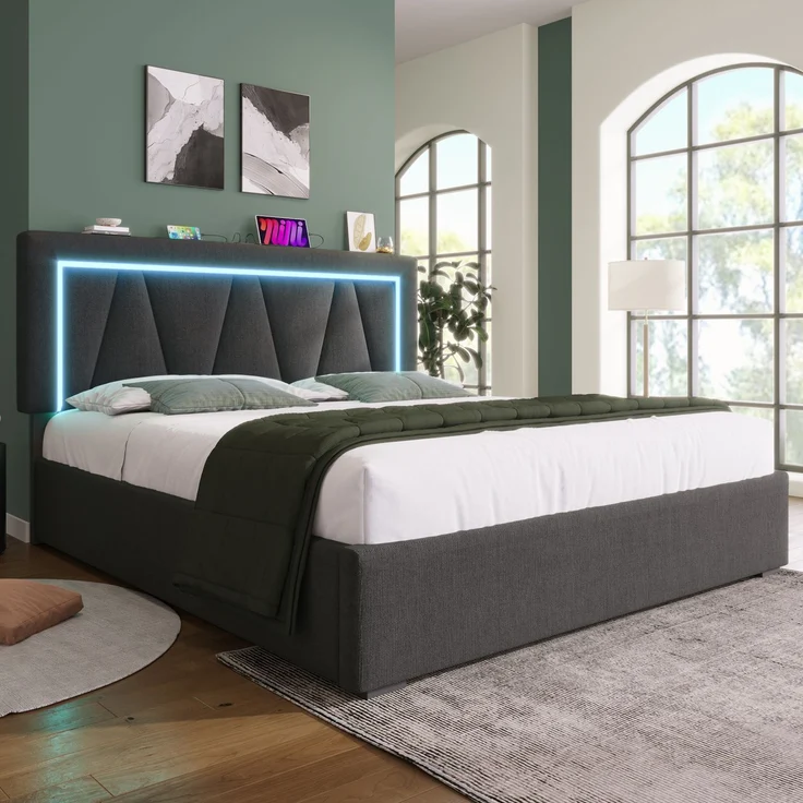 Wohnora-Polsterbett LED Doppelbett mit USB Typ C Ladefunktion und LED-Beleuchtung,Stauraumbetten Bettgestell aus Leinenmaterial Jugendbett 160x200 mit lattenrost(Mit Matratze),Grau – Bild 4