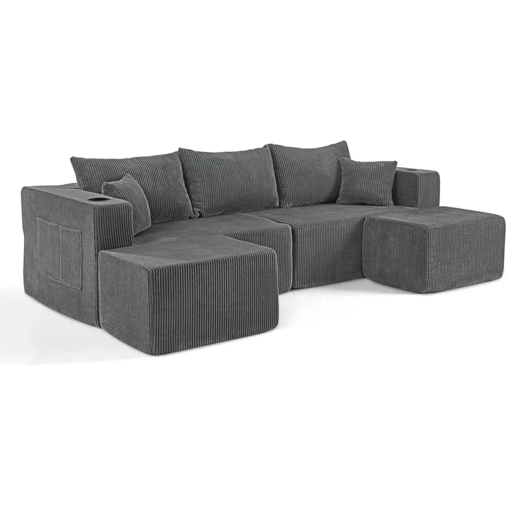 Ecksofa, Cordstoff mit 2 beweglichen Ottomanen & Getränkehaltern, 3-Sitzer, 230×138×75 cm, Grau – Bild 4