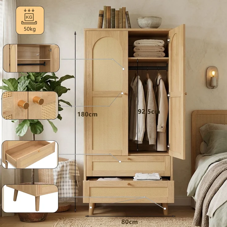 Kleiderschrank in Naturholz-Optik, Mehrzweckschrank mit Rattan-Design, Kleiderstange, Ablagefächern und 2 Schubladen, moderner Garderobenschrank für Schlafzimmer, Flur und Ankleidezimmer--Natürlich--80x50x180cm--YOUDENOVA – Bild 8