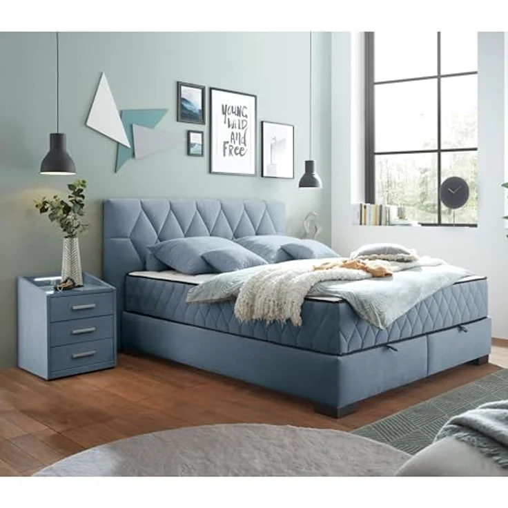 NAGOL B Boxbett 160x200, Denim - Bequemes Doppelbett mit Bettkasten und Premium 9-Zonen-Federkern Wendematratze - 185 x 114 x 214 cm (B/H/T) – Bild 3