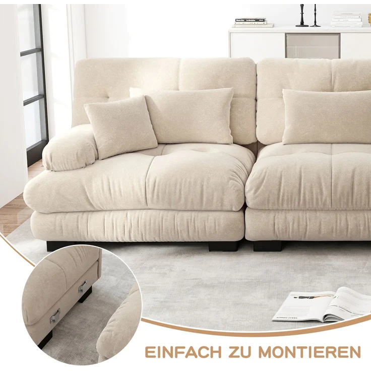 DESVIAE Sofa modular aus Chenille Hellbraun mit Tiefensitz und Dekokissen, 406 x 77 x 81 cm – Bild 5