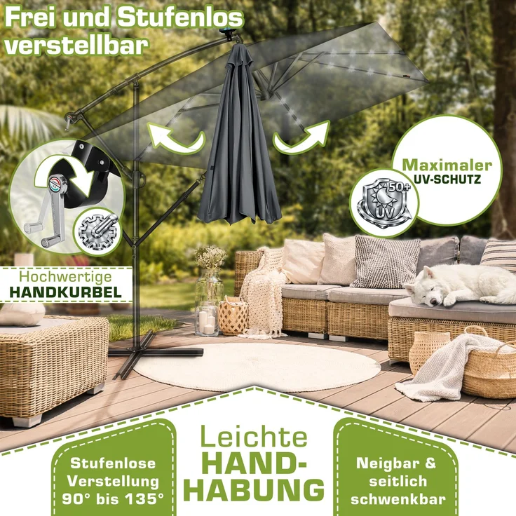 tillvex® Alu Sonnenschirm Rechteckig Ø 330 cm mit LED Solar Rot + Abdeckung mit Kurbel | Ampelschirm mit Ständer & Windschutz | Gartenschirm UV-Schutz, wasserdicht, 360° drehbar | Kurbelschirm Marktschirm – Bild 2